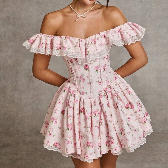 Dresses & Skirts - Pink Boho Women's Ditsy Floral Off-Shoulder Ruffled Lace Patchwork Mini Dress